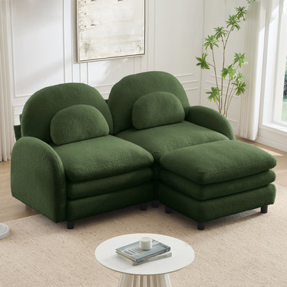 Teddy Fabric Soft Cloud-like Loveseat Sofa,Curved Backrest and Armrest with Curved Lumbar Pillows, Sectional 2 Seater Modular Couch with Movable Ottoman and Supportive Double-layer cushion, Green