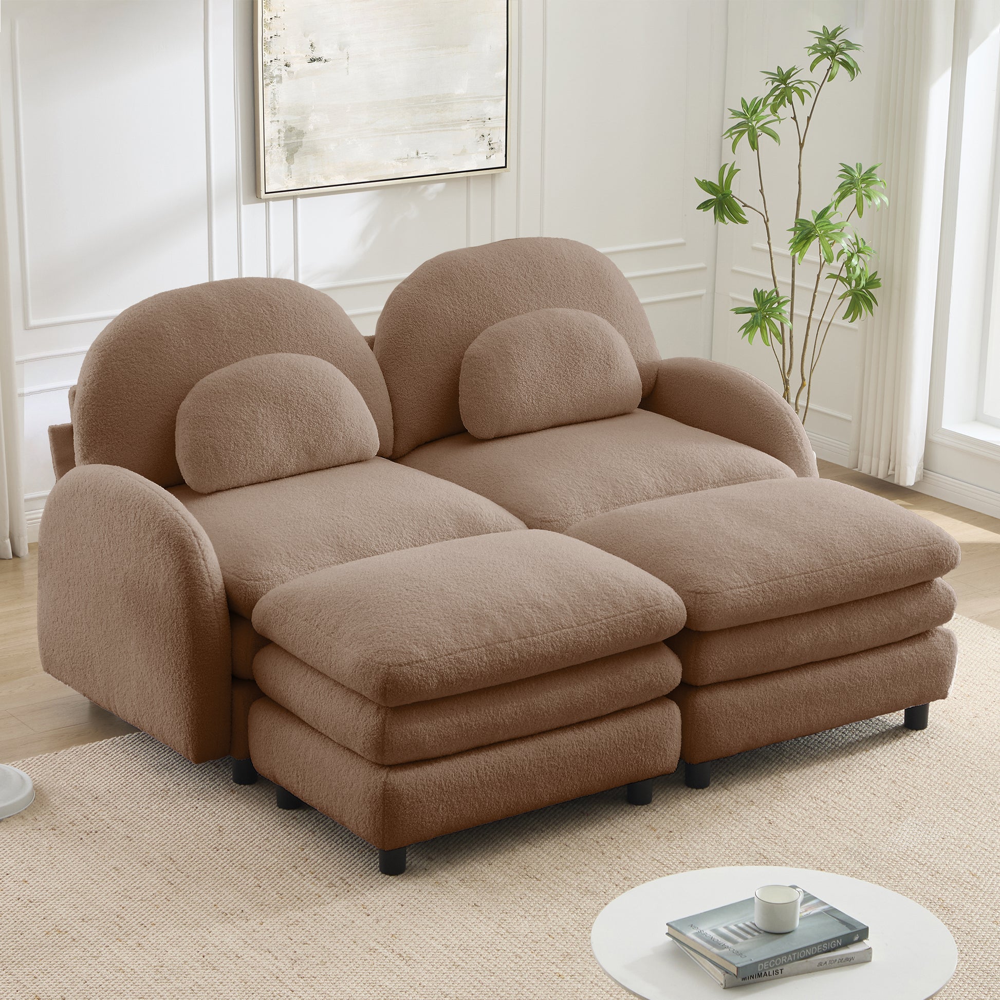 Teddy Fabric Cloud-like 2-Seat Sofa,Curved Backrest and Armrest with Curved Lumbar Pillows, Sectional 2 Seater Modular Couch with 2 movable Ottomans and Supportive Double-layer cushion, Camel