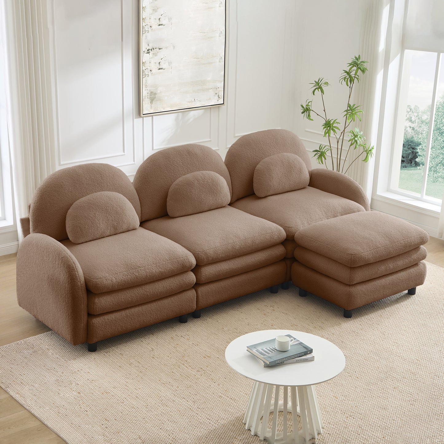 Teddy Fabric Cloud-like 3-Seat Sofa,Curved Backrest and Armrest with Curved Lumbar Pillows, Sectional 3 Seater Modular Couch with Movable Ottoman and Supportive Double-layer cushion, Camel