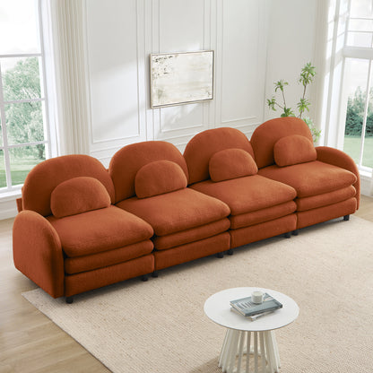 Teddy Fabric Soft Cloud-like 4-Seat Sofa,Curved Backrest and Armrest with Curved Lumbar Pillows, Modular 4 Seater Couch with Supportive Double-layer cushion, Orange