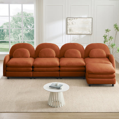 Teddy Fabric Cloud-like 4-Seat Sofa,Curved Backrest and Armrest with Curved Lumbar Pillows, Sectional 4 Seater Modular Couch with Movable Ottoman and Supportive Double-layer cushion, Orange