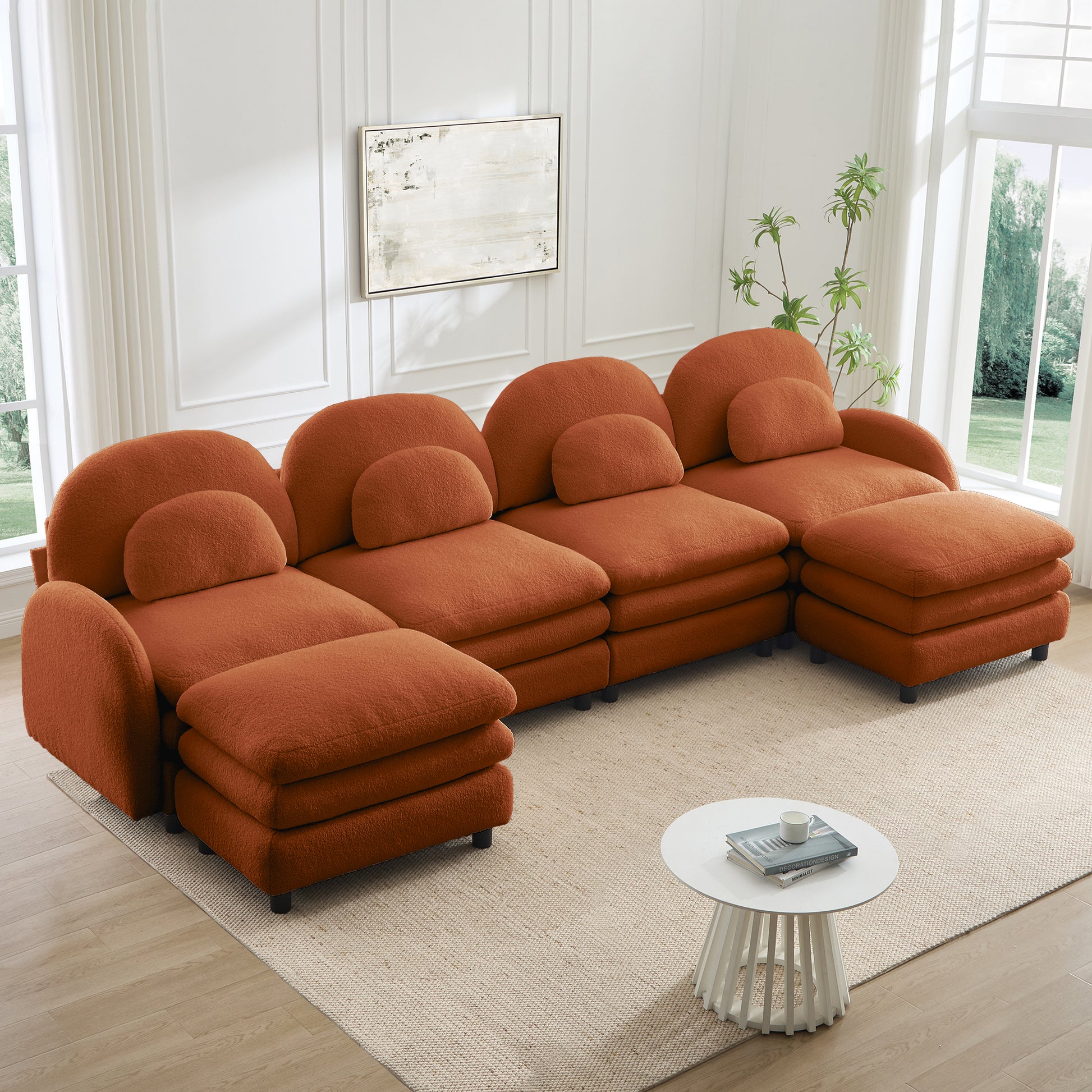 Teddy Fabric Cloud-like 4-Seat Sofa,Curved Backrest and Armrest with Curved Lumbar Pillows, Sectional 4 Seater Modular Couch with 2 movable Ottomans and Supportive Double-layer cushion,Orange