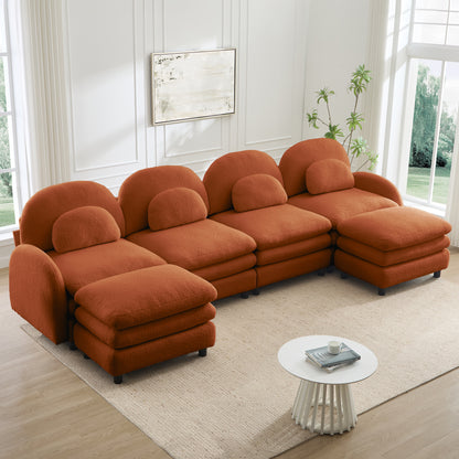 Teddy Fabric Cloud-like 4-Seat Sofa,Curved Backrest and Armrest with Curved Lumbar Pillows, Sectional 4 Seater Modular Couch with 2 movable Ottomans and Supportive Double-layer cushion,Orange