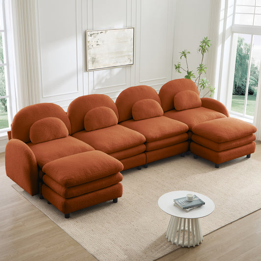Teddy Fabric Cloud-like 4-Seat Sofa,Curved Backrest and Armrest with Curved Lumbar Pillows, Sectional 4 Seater Modular Couch with 2 movable Ottomans and Supportive Double-layer cushion,Orange