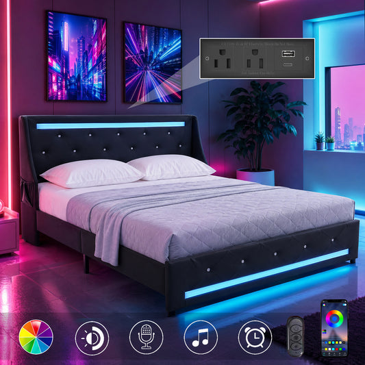Full Size Bed Frame with LED Lights, Upholstered Bed Frame with Charging Station, Platform Bed with Diamond Headboard, Wooden Slats, No Box Spring Needed, Noise Free, Easy Assembly, Black
