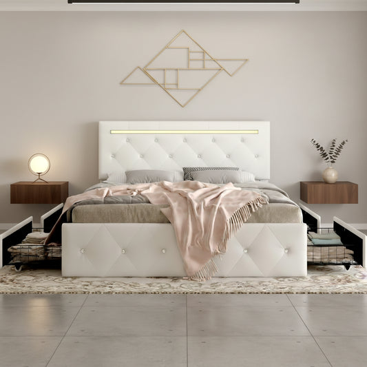Full Size Bed Frame with LED Light and 4 Storage Drawers, PU Upholstered Bed Frame with Adjustable Headboard, Diamond Crystal Button, Charging Station, Metal Frame, No Box Spring Needed, White