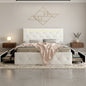 Full Size Bed Frame with LED Light and 4 Storage Drawers, PU Upholstered Bed Frame with Adjustable Headboard, Diamond Crystal Button, Charging Station, Metal Frame, No Box Spring Needed, White