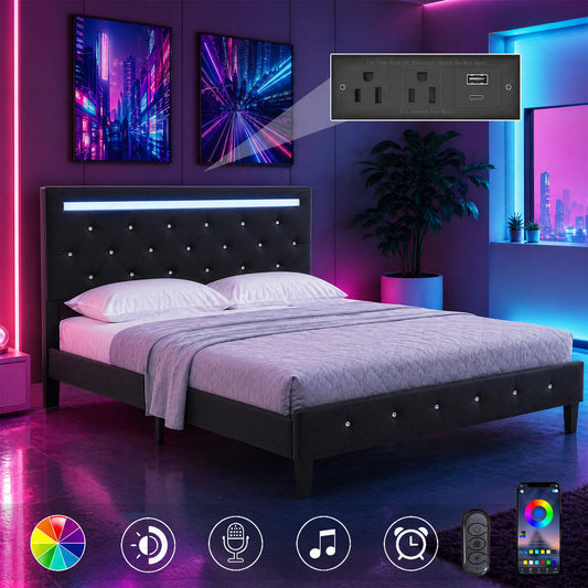 Queen Size Bed Frame with LED Light and Charging Station, Faux Leather Upholstered Platform Bed with Handcrafted Crystal Button Adjustable Headboard, No Box Spring Needed, Solid Wooden Slats, Black