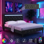 Queen Size Bed Frame with LED Light and Charging Station, Faux Leather Upholstered Platform Bed with Handcrafted Crystal Button Adjustable Headboard, No Box Spring Needed, Solid Wooden Slats, Black