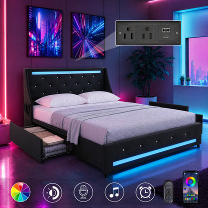 Full Size Bed Frame with Wingback Upholstered Diamond Headboard and 2 Storage Drawers, LED Lights and Charging Station, Metal Slats Support, Noise-Free, Easy Assembly, No Box Spring Needed,  Black