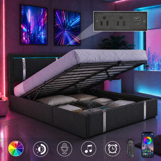 Queen Bed Frame with Adjustable LED Lights Headboard, USB-C Charging Ports, Hydraulic Support, Faux Leather Upholstered Platform Bed, Metal Slats Support, Black