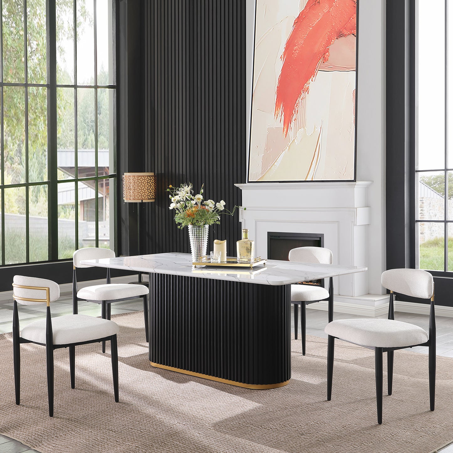 69 Inch Rectangular Faux Marble Dining Table, Black Wave Metal Base with Gold Trim, Seats 4 for Kitchen, Dining Room & Reception Area