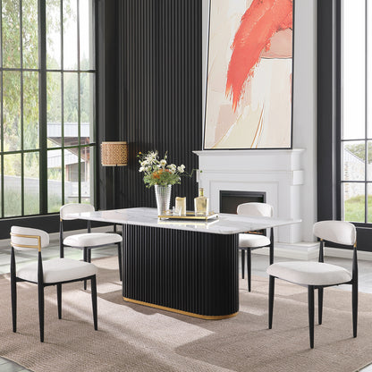 69 Inch Rectangular Faux Marble Dining Table, Black Wave Metal Base with Gold Trim, Seats 4 for Kitchen, Dining Room & Reception Area