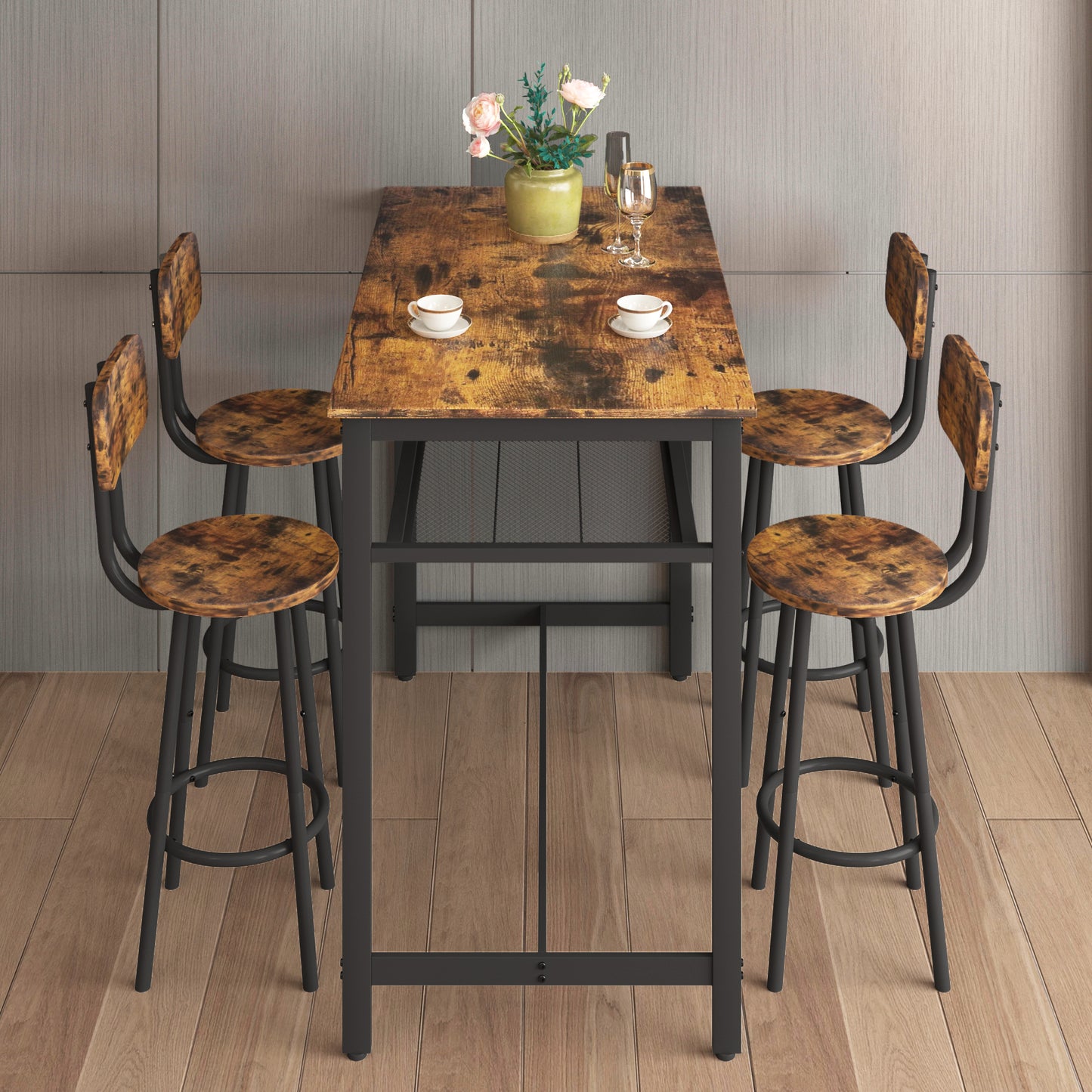 4-Person Brown MDF Dining Table Set with 4 Stools for Dining Room
