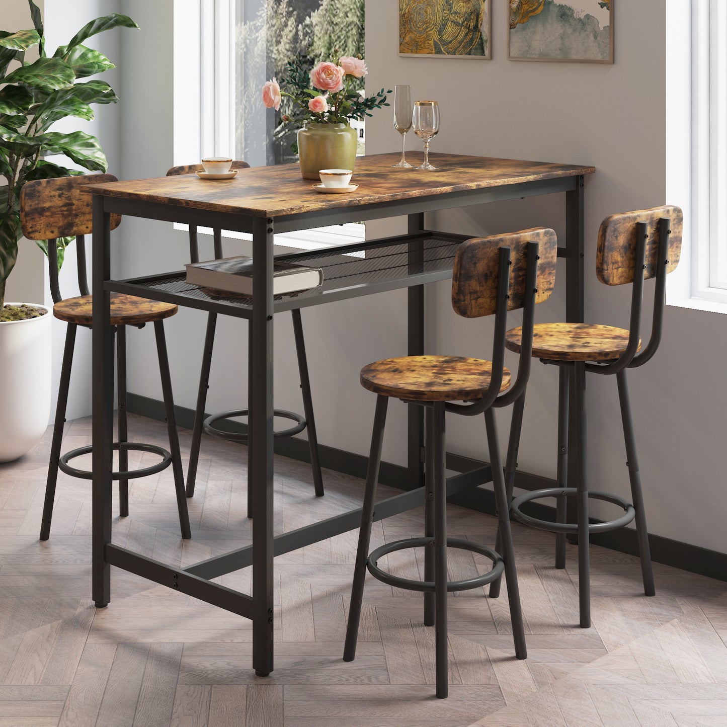 4-Person Brown MDF Dining Table Set with 4 Stools for Dining Room