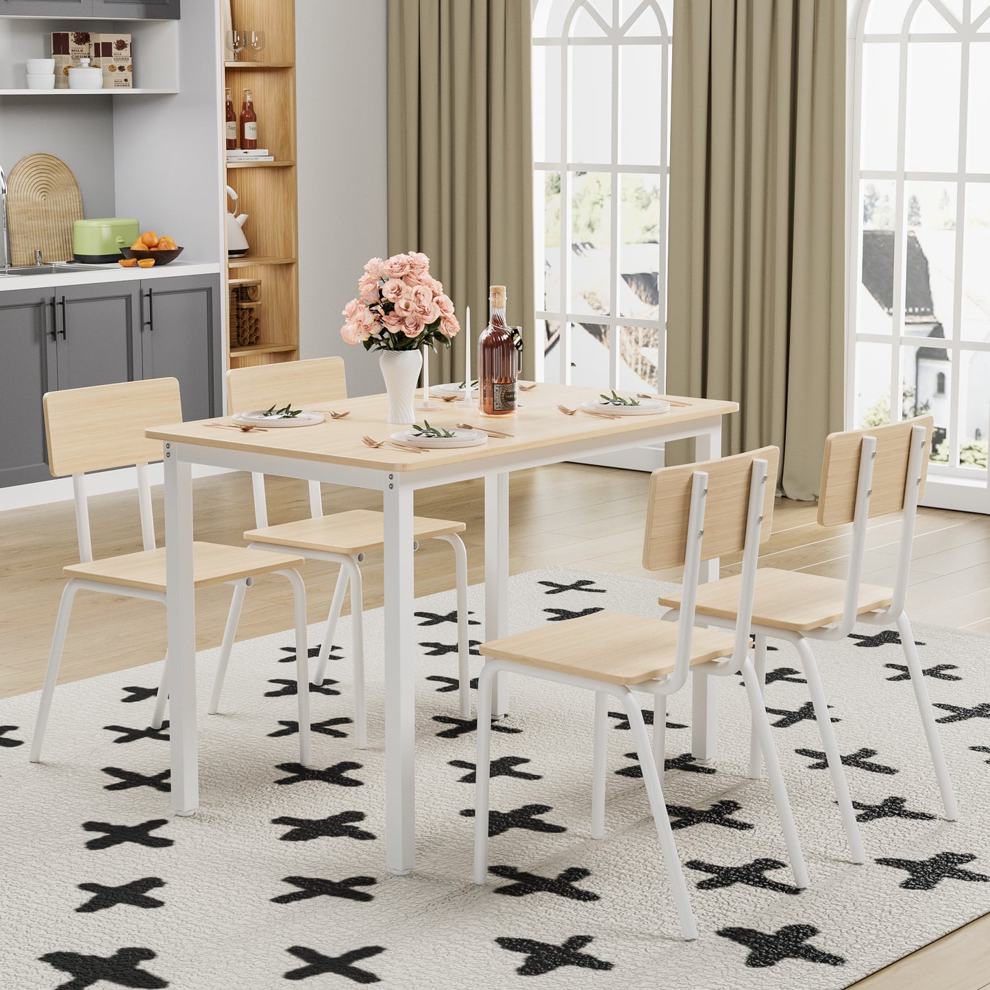 4-Person Oak Dining Table Set with 4 Chairs - Kitchen Table for Dining Room