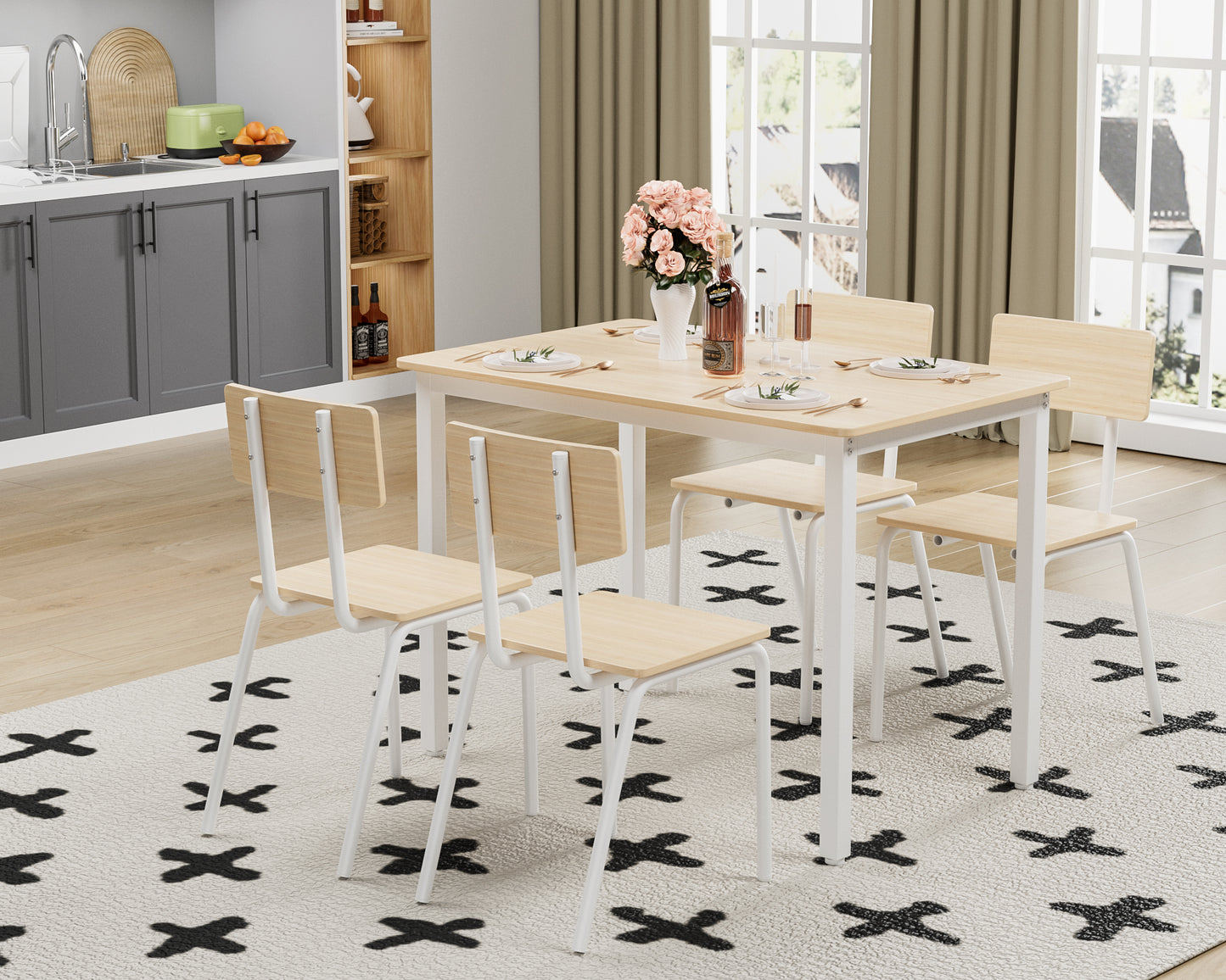 4-Person Oak Dining Table Set with 4 Chairs - Kitchen Table for Dining Room