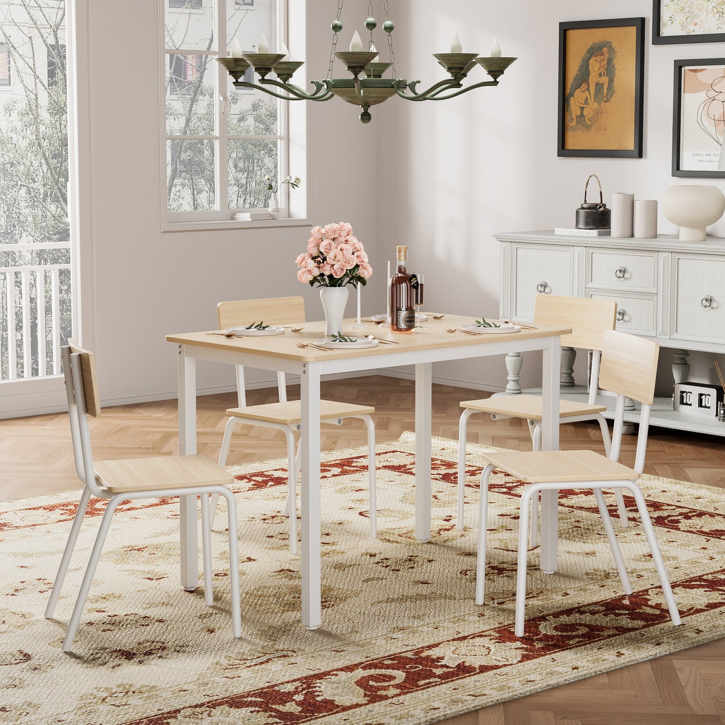 4-Person Oak Dining Table Set with 4 Chairs - Kitchen Table for Dining Room
