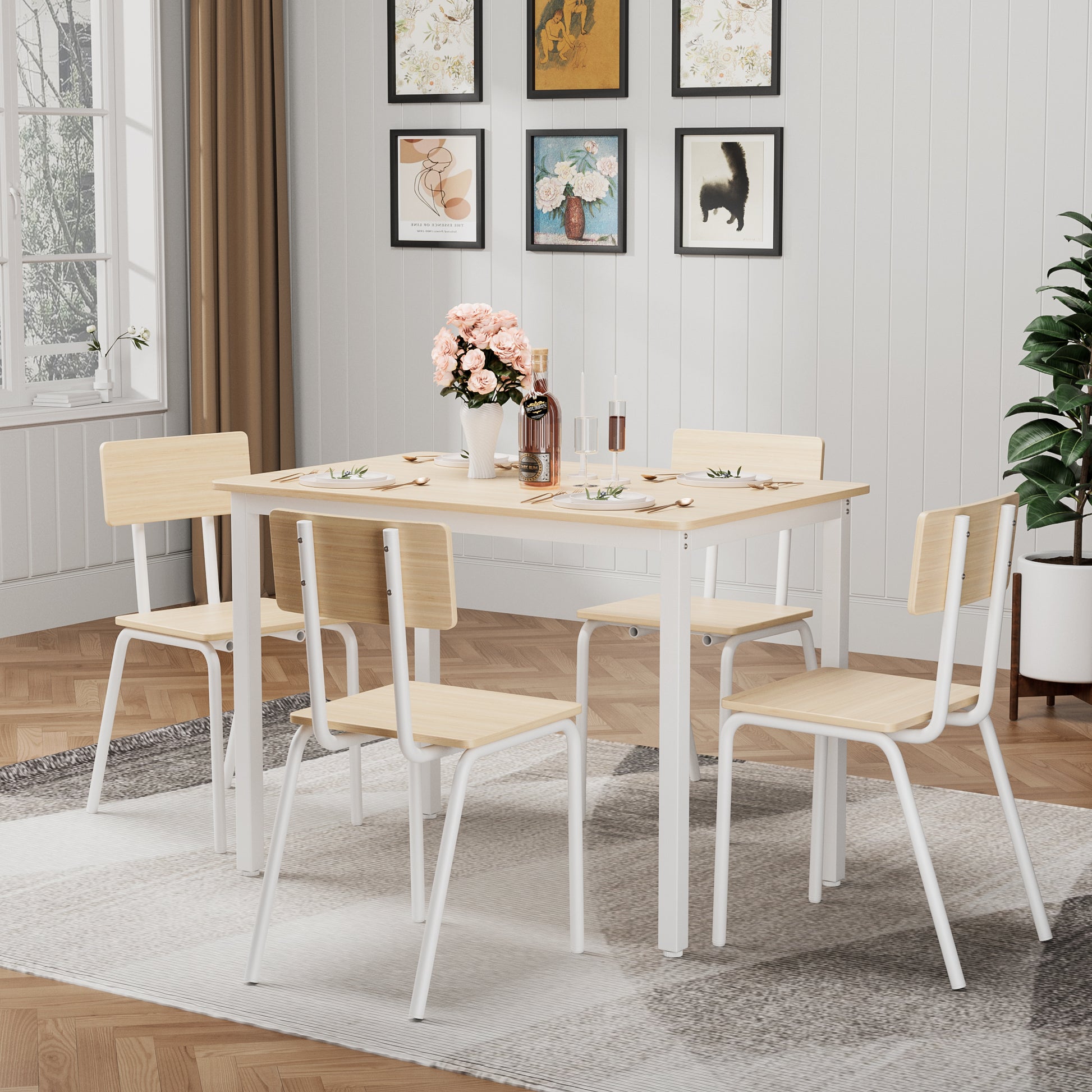 4-Person Oak Dining Table Set with 4 Chairs - Kitchen Table for Dining Room