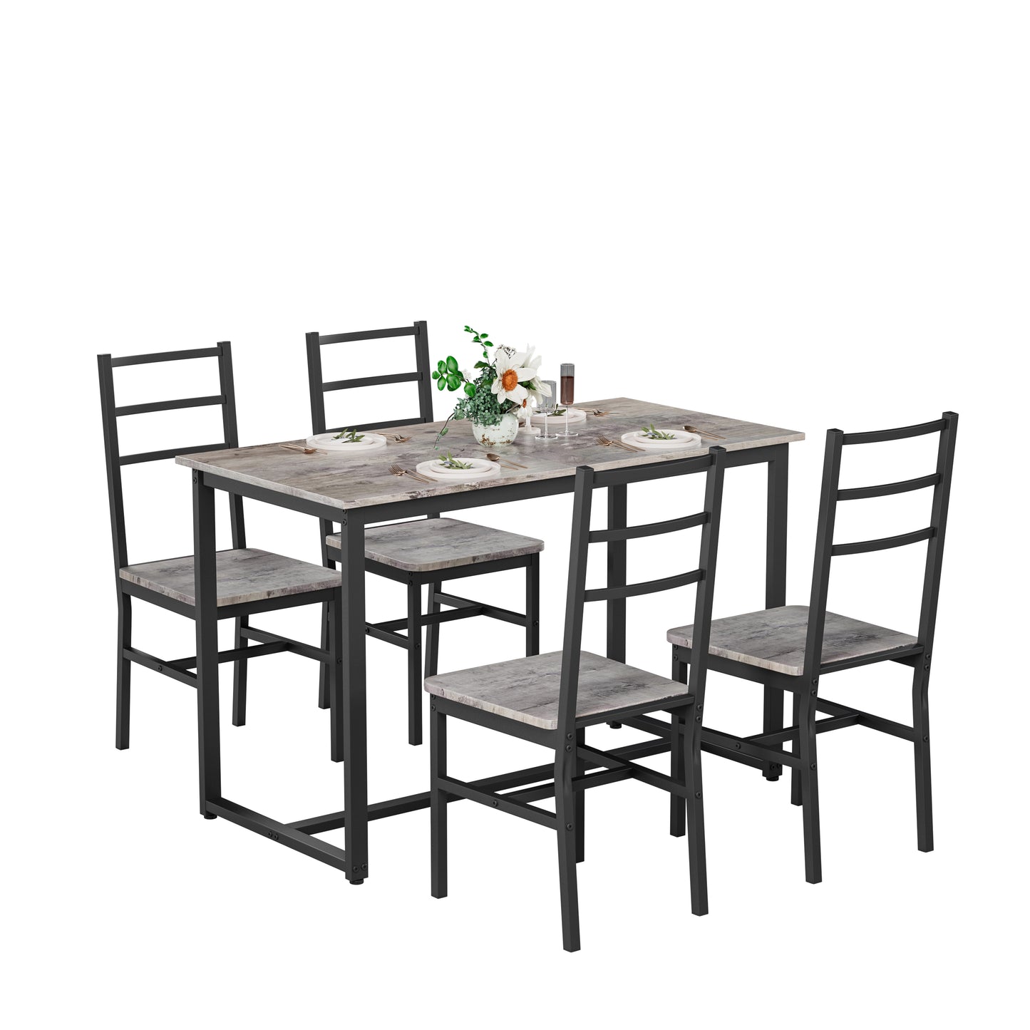 Gray MDF Dining Table Set - 4 Chairs Kitchen Desk
