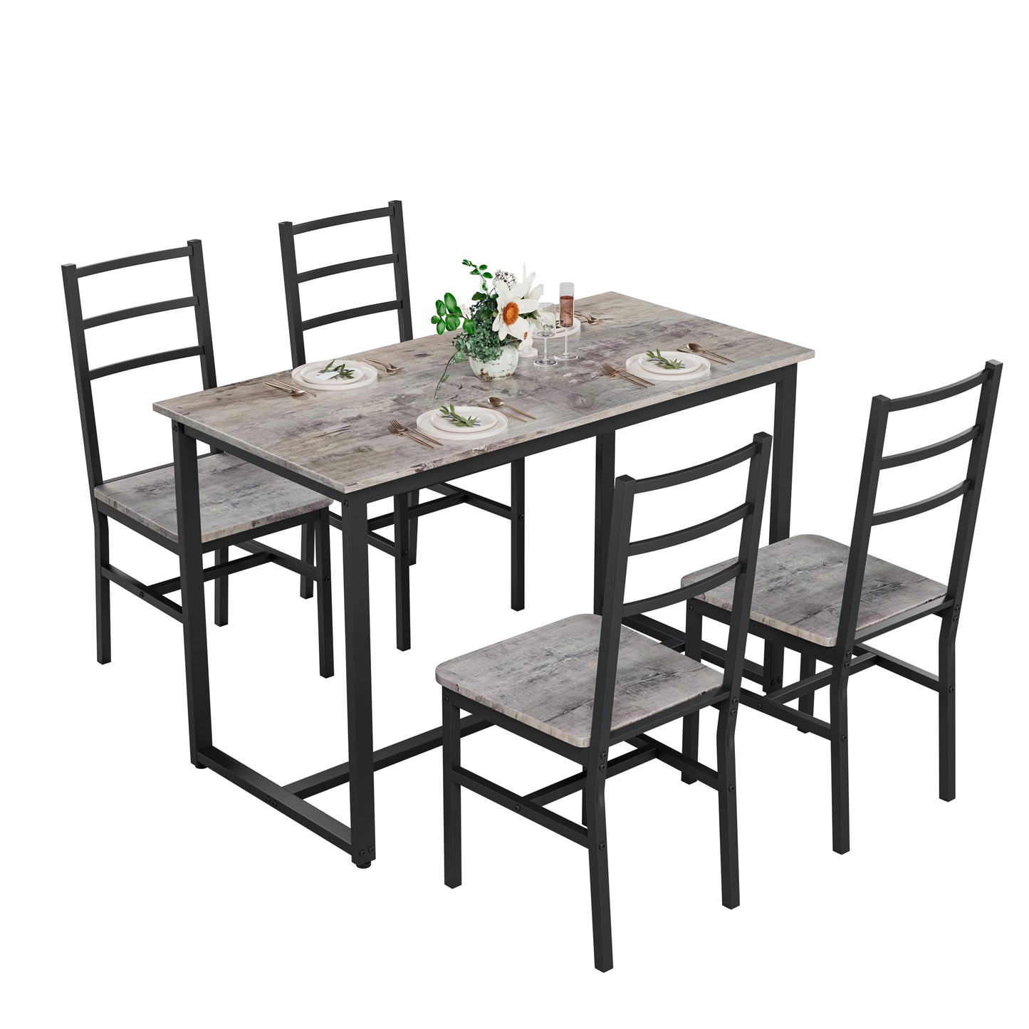 Gray MDF Dining Table Set - 4 Chairs Kitchen Desk