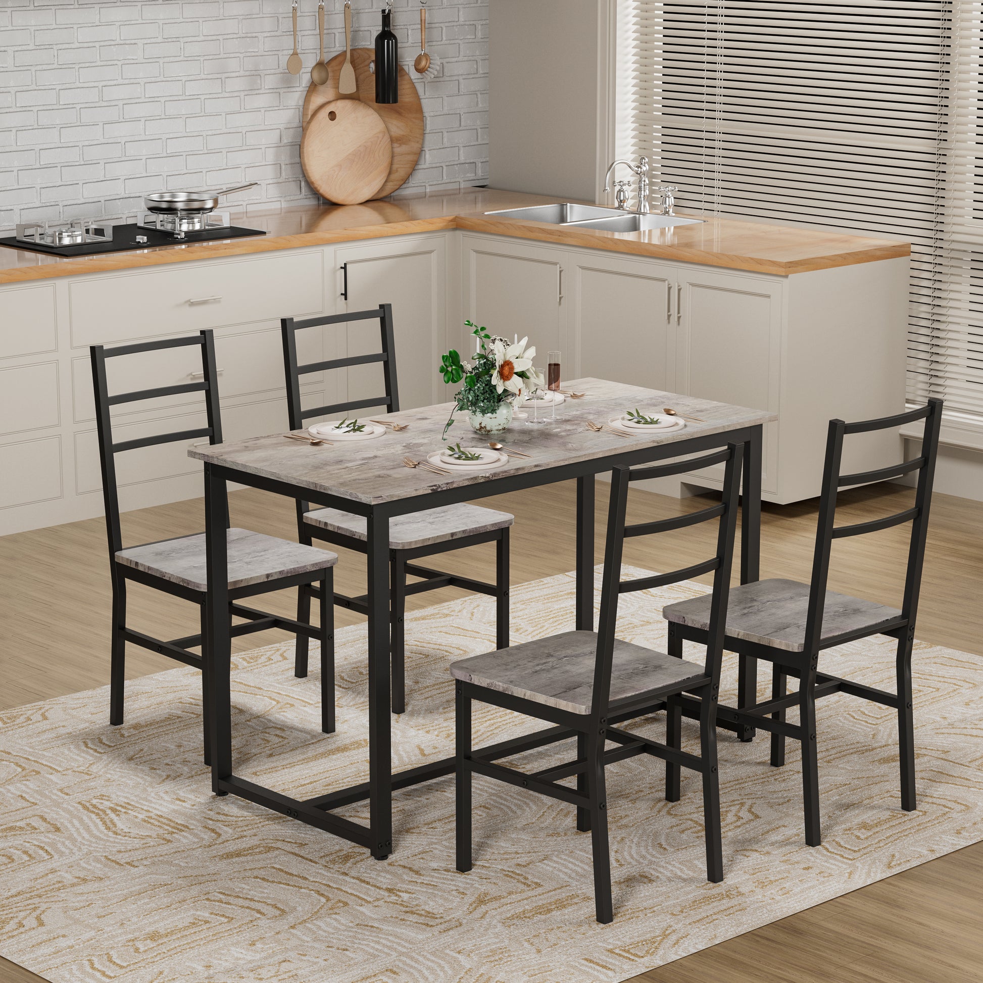 Dining Table Set for 4, 5 pieces Farmhouse Dinette Set with 4 chairs, Mid-Century Modern Dining Table and Chairs Set for Kitchen, Dining Room