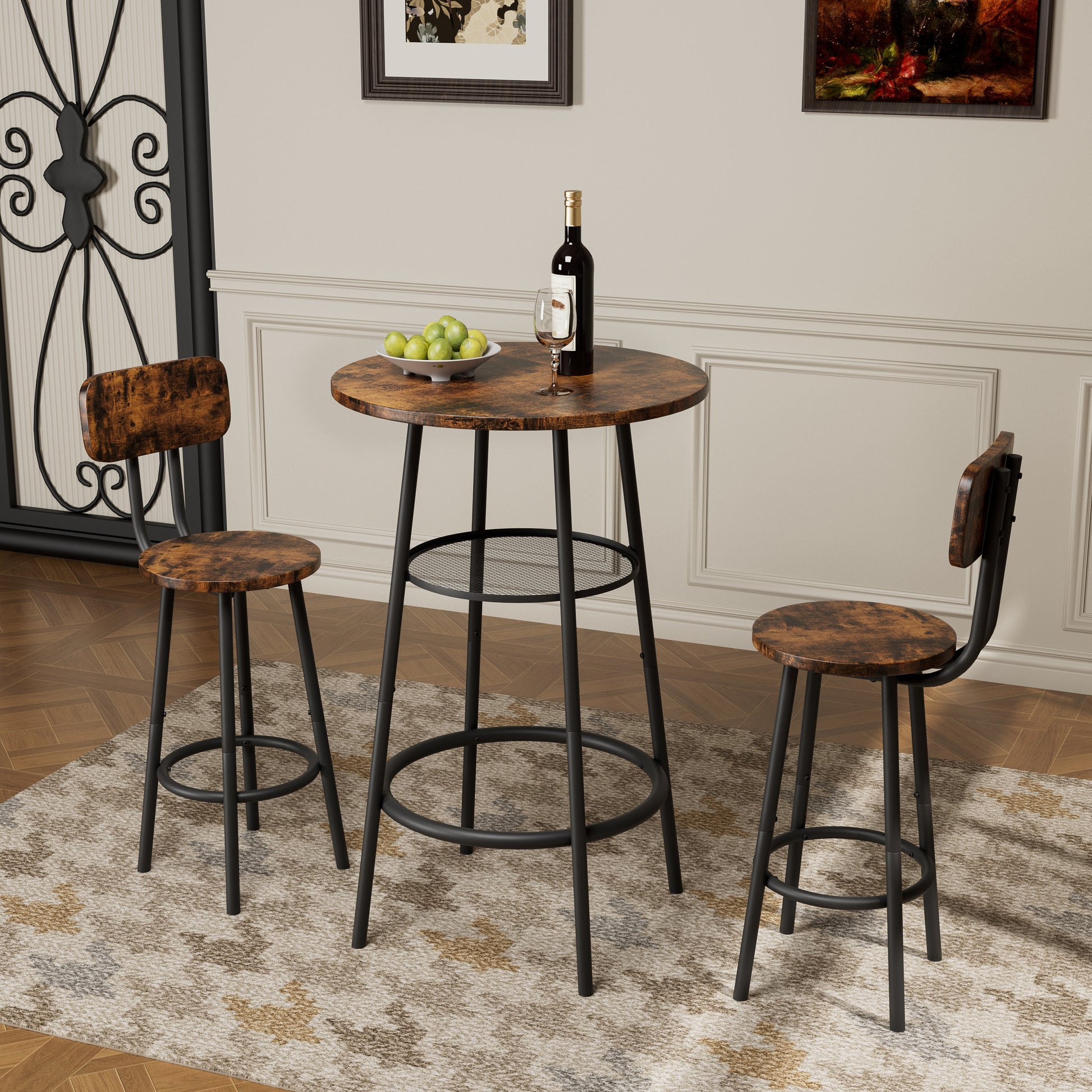 Brown MDF Kitchen Bar Table with 2 Foldable Stools for Dining Room