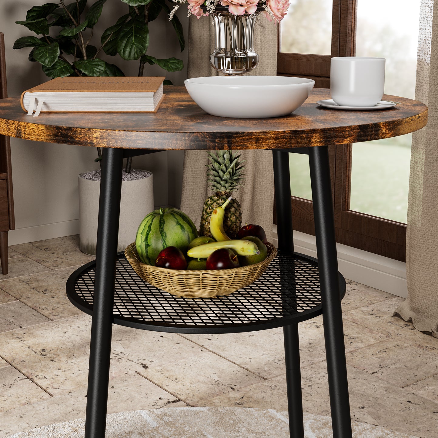 Brown MDF Kitchen Bar Table with 2 Foldable Stools for Dining Room