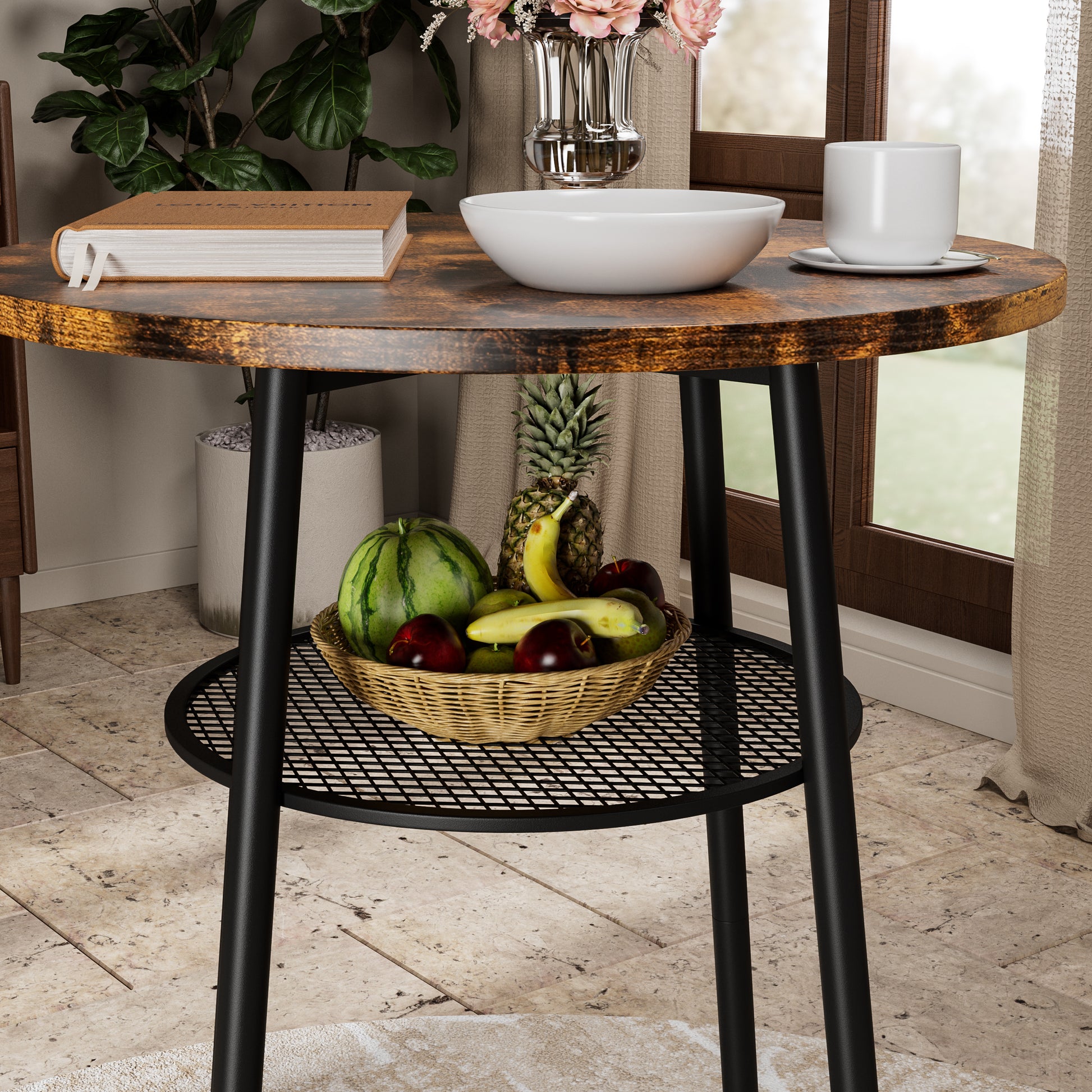 Brown MDF Kitchen Bar Table with 2 Foldable Stools for Dining Room