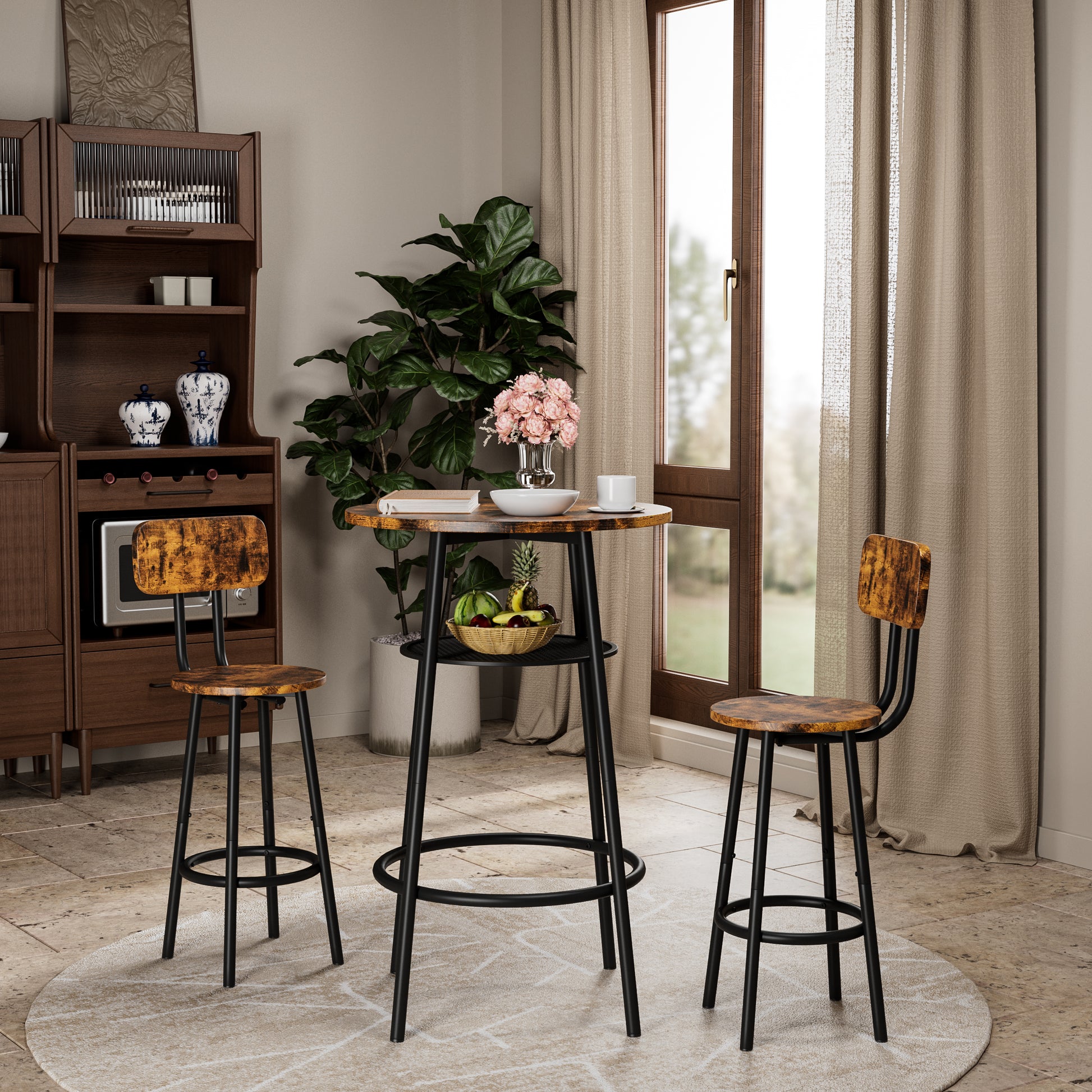 Brown MDF Kitchen Bar Table with 2 Foldable Stools for Dining Room