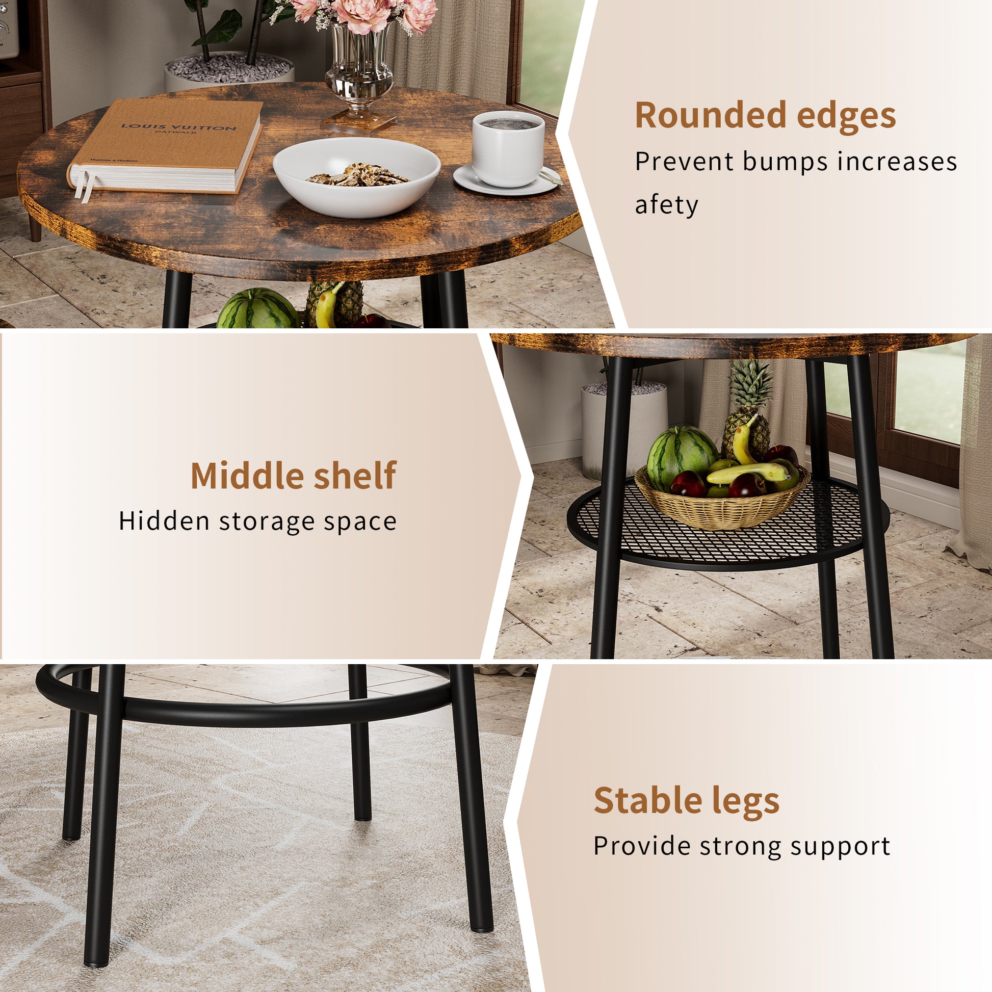 Brown MDF Kitchen Bar Table with 2 Foldable Stools for Dining Room