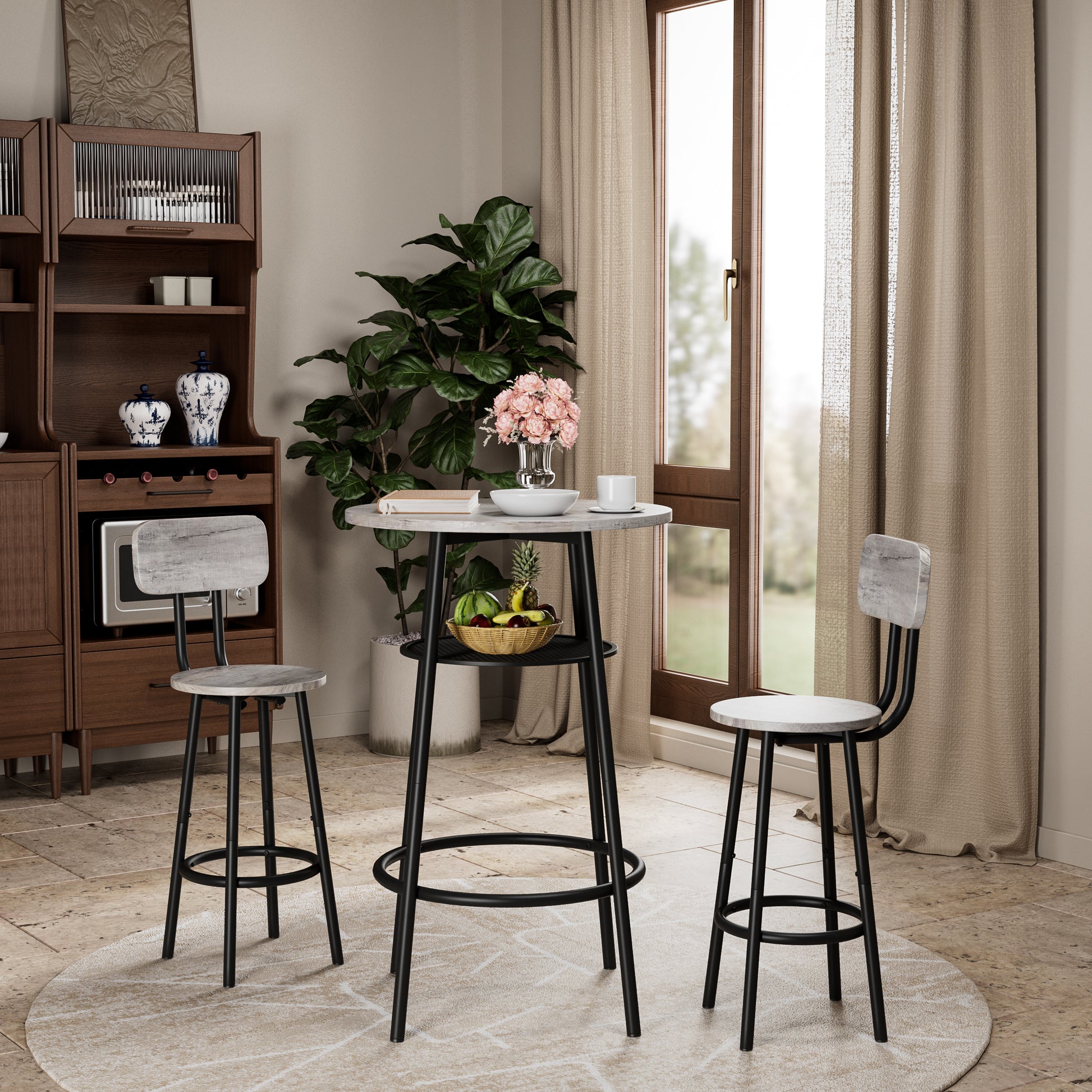 3 Pieces Round Bar Table Set, with backrest and partition,Small Dining Table for 2, Breakfast Table 2 Stools for Kitchen, Dining Room