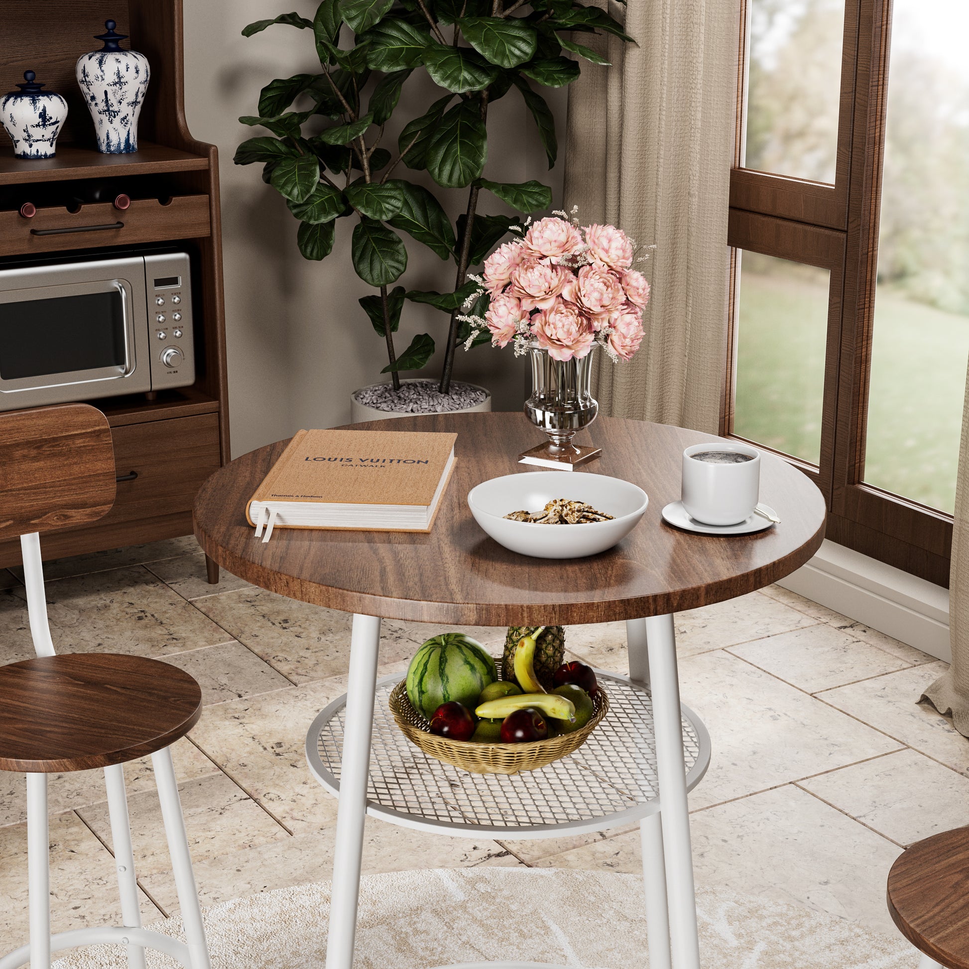 Round Wood Dining Set with Stools for Kitchen and Cafe Use for Dining Room