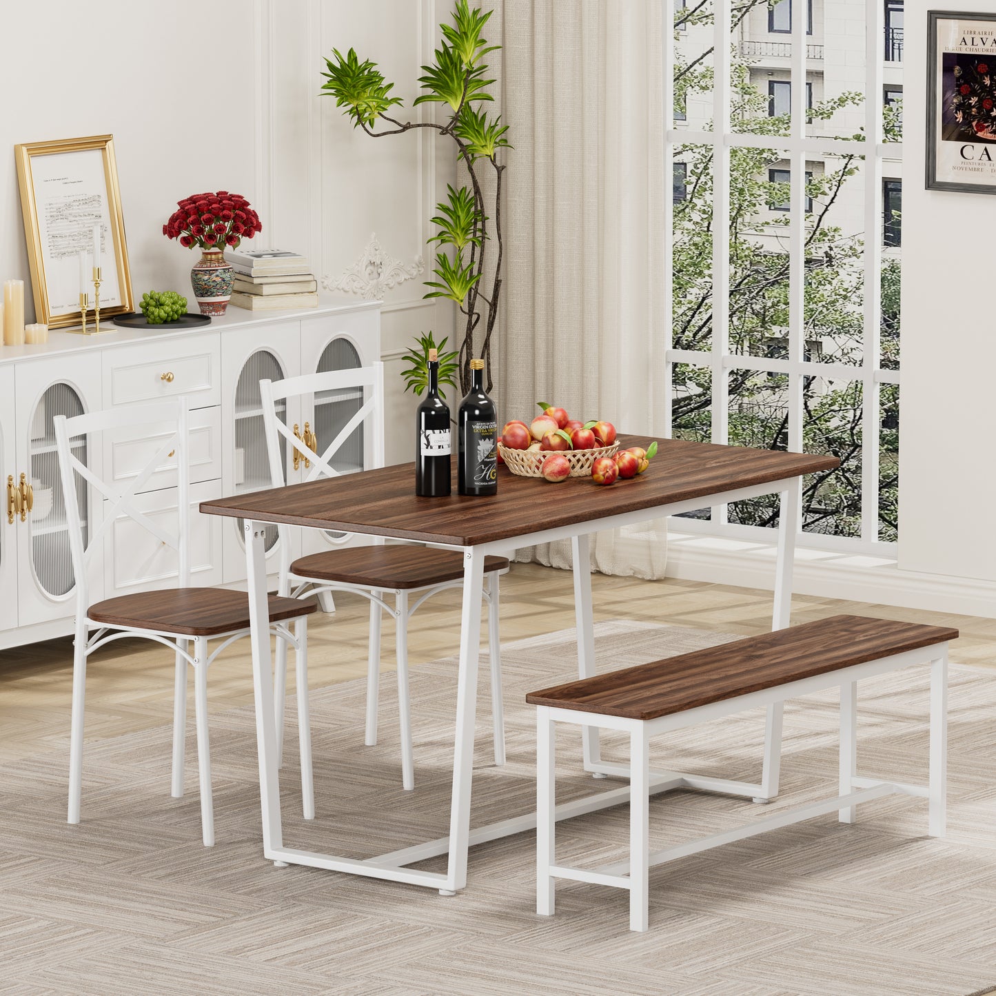 Dark Walnut Industrial Dining Set with Steel Frame and Chairs for Dining Room