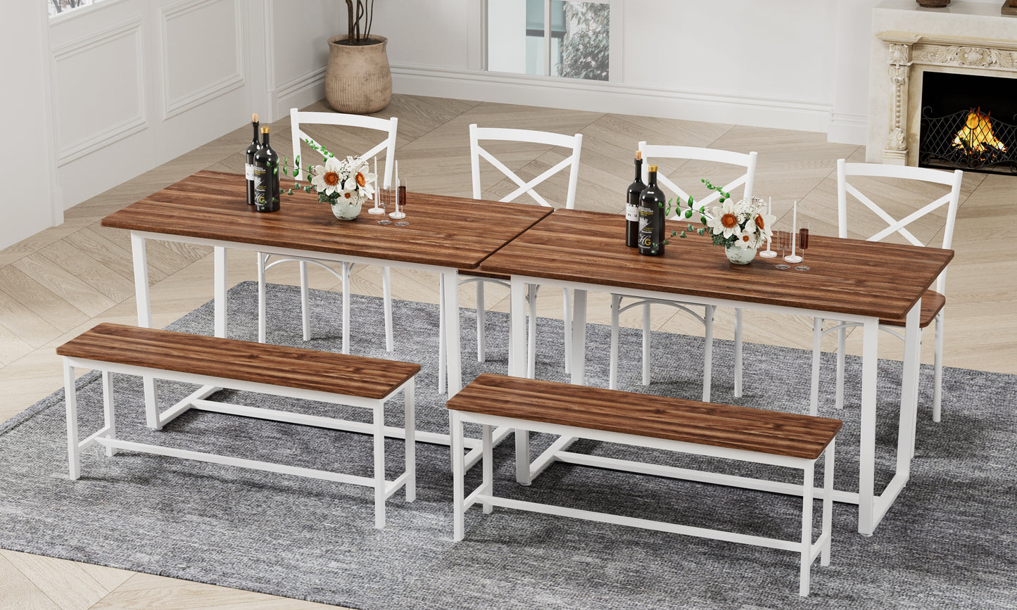 Dark Walnut Industrial Dining Set with Steel Frame and Chairs for Dining Room