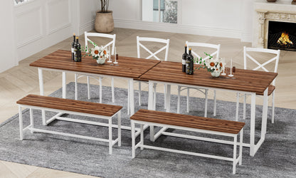 Dark Walnut Industrial Dining Set with Steel Frame and Chairs for Dining Room