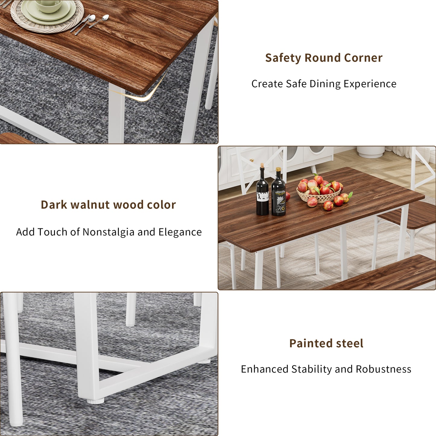 Dark Walnut Industrial Dining Set with Steel Frame and Chairs for Dining Room
