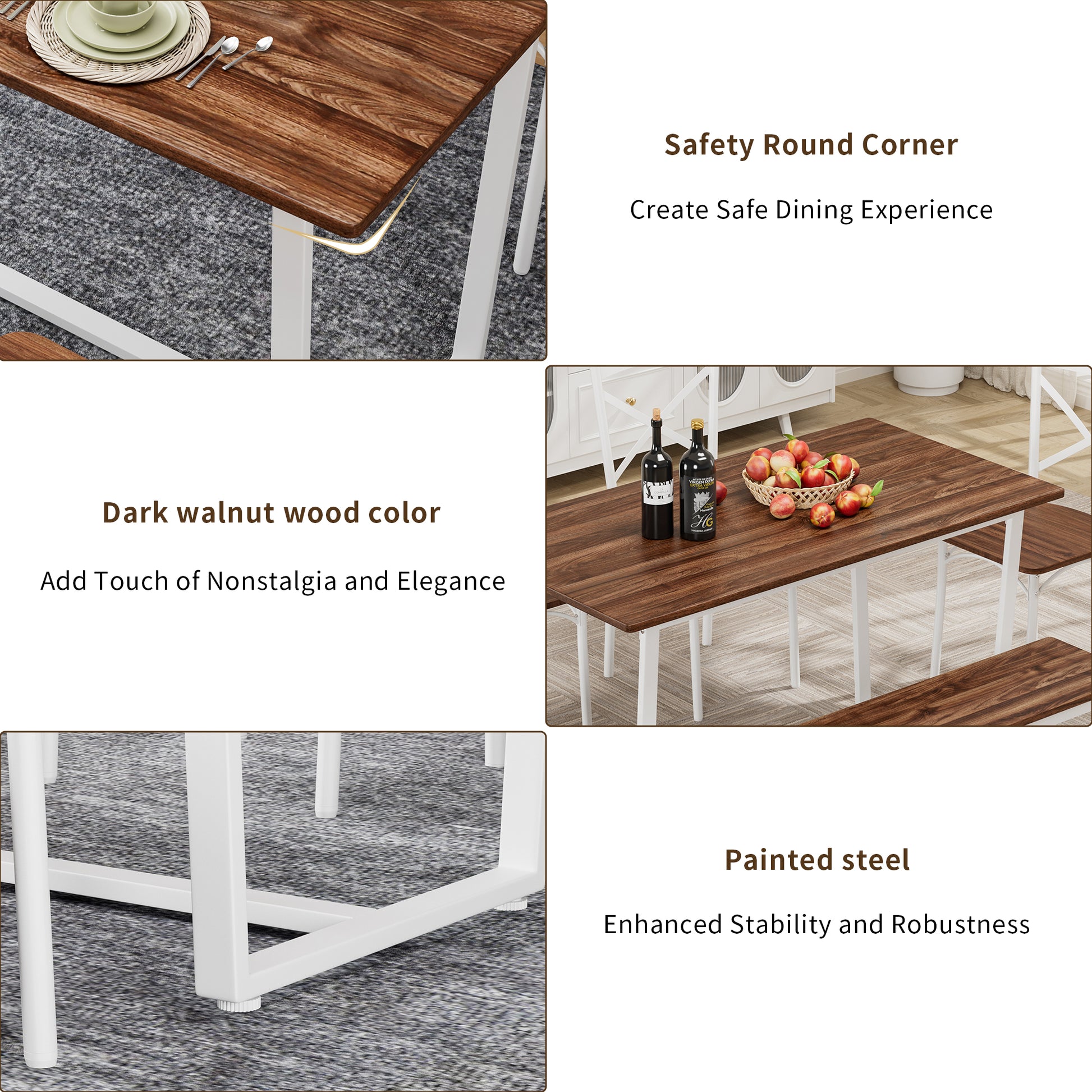 Dark Walnut Industrial Dining Set with Steel Frame and Chairs for Dining Room