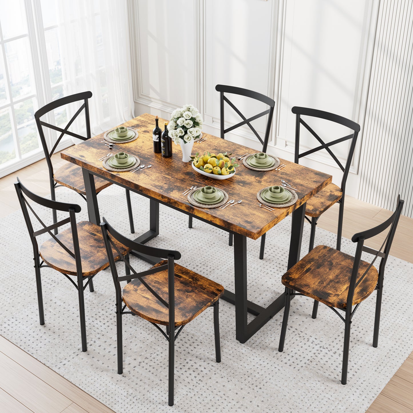 6-Person Brown Dining Table Set with Steel Frame