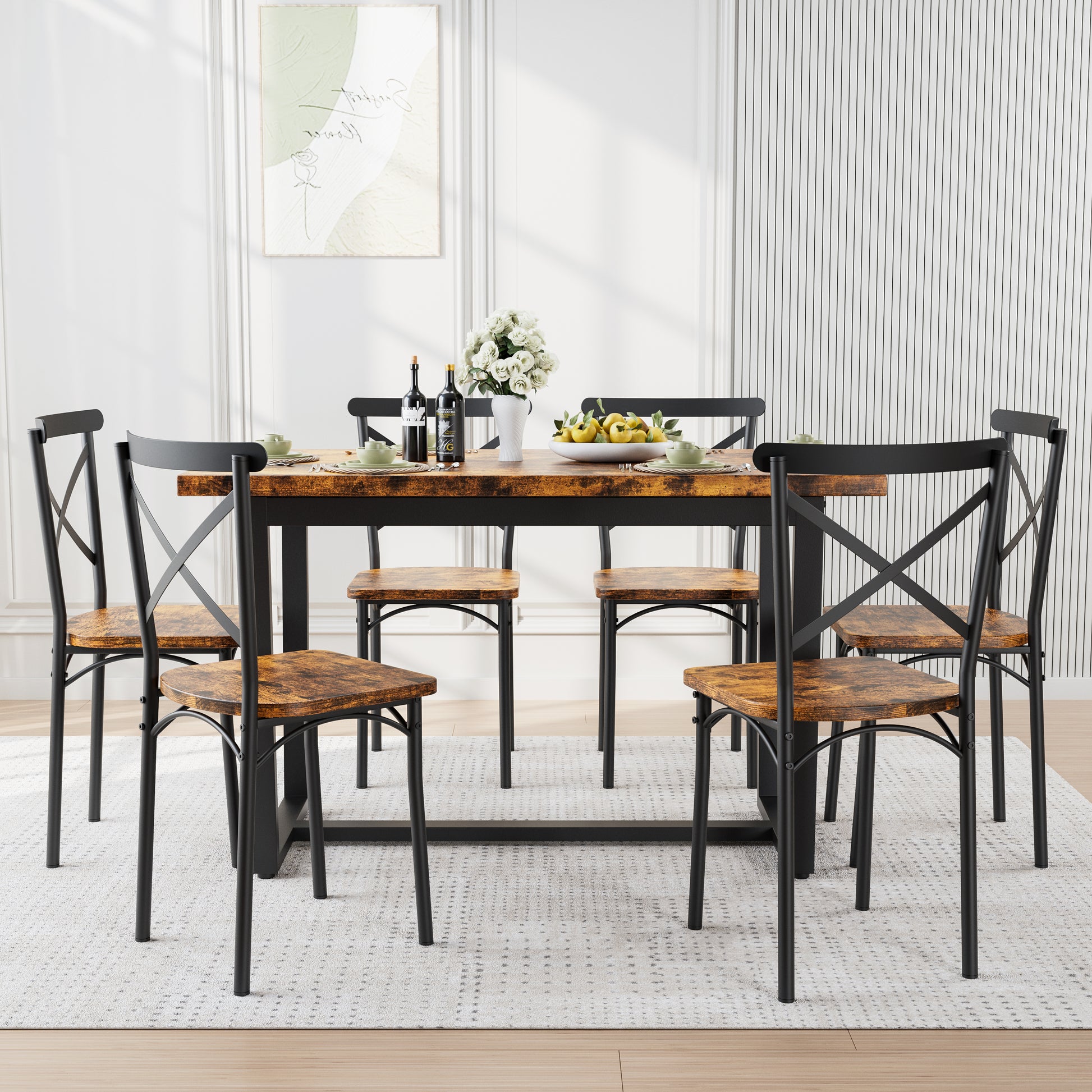 6-Person Brown Dining Table Set with Steel Frame