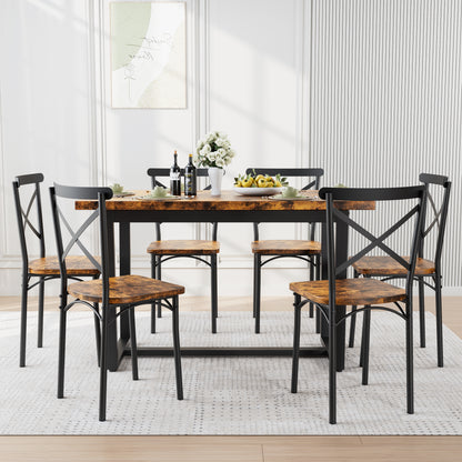 6-Person Brown Dining Table Set with Steel Frame