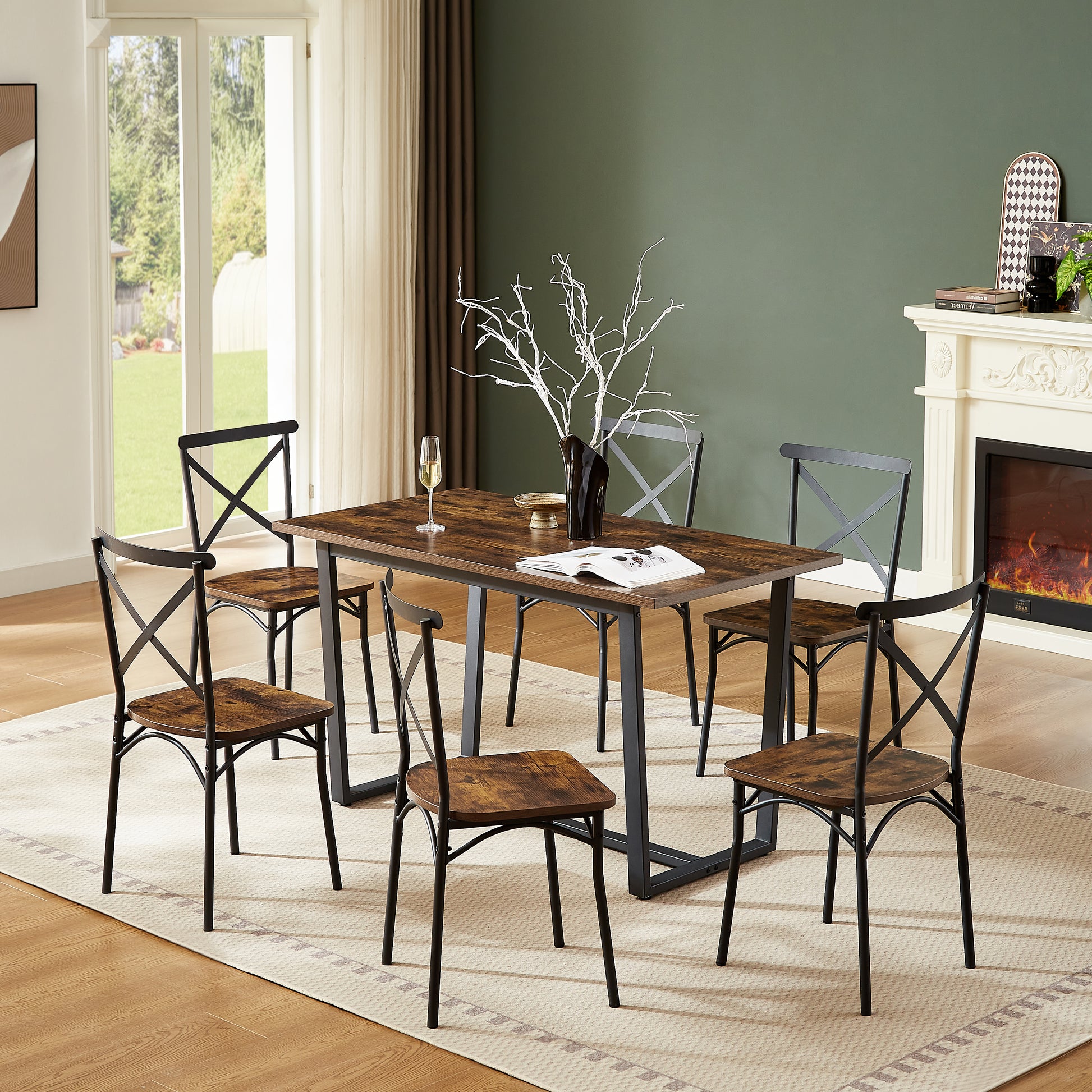 6-Person Brown Dining Table Set with Steel Frame
