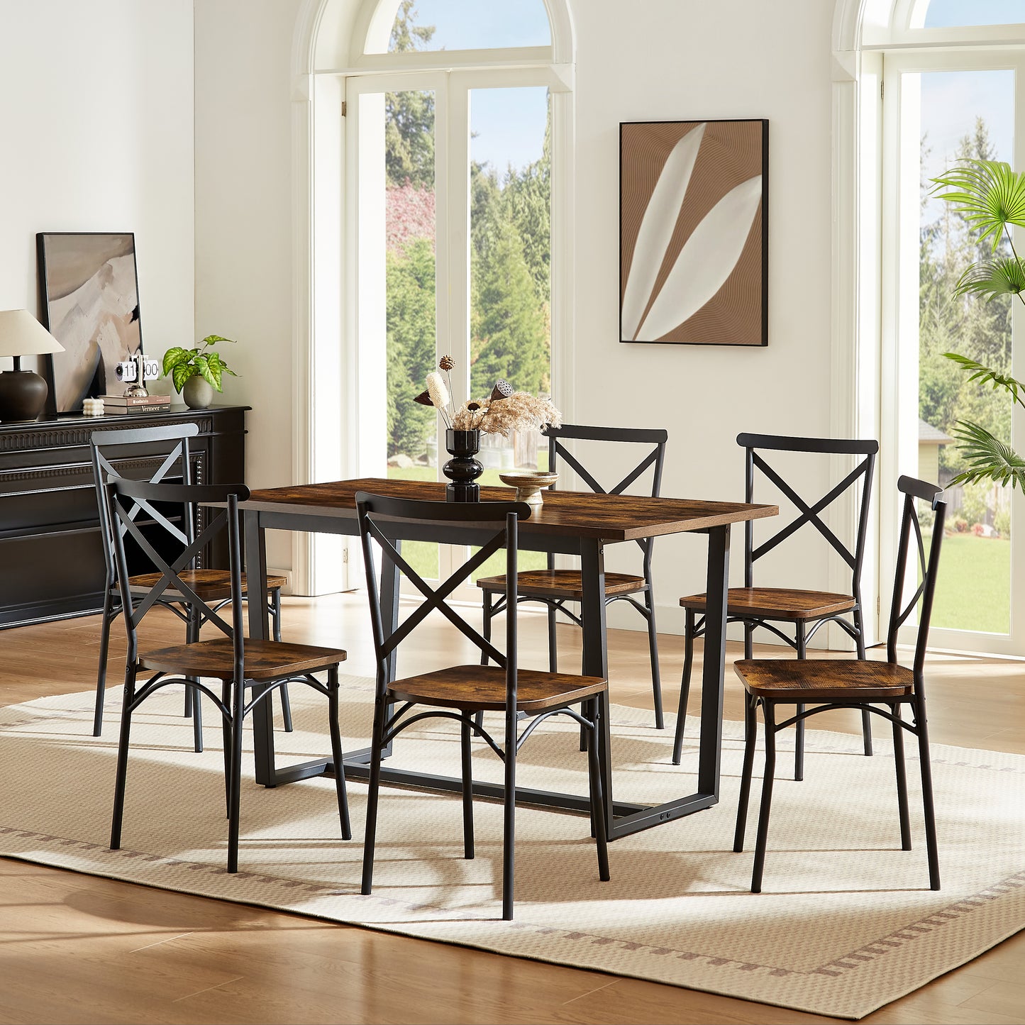 6-Person Brown Dining Table Set with Steel Frame