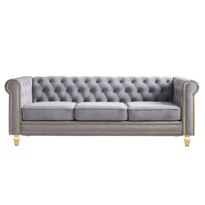 Chesterfield Velvet Sofa 84.65 inch for Living Room Light Grey Color