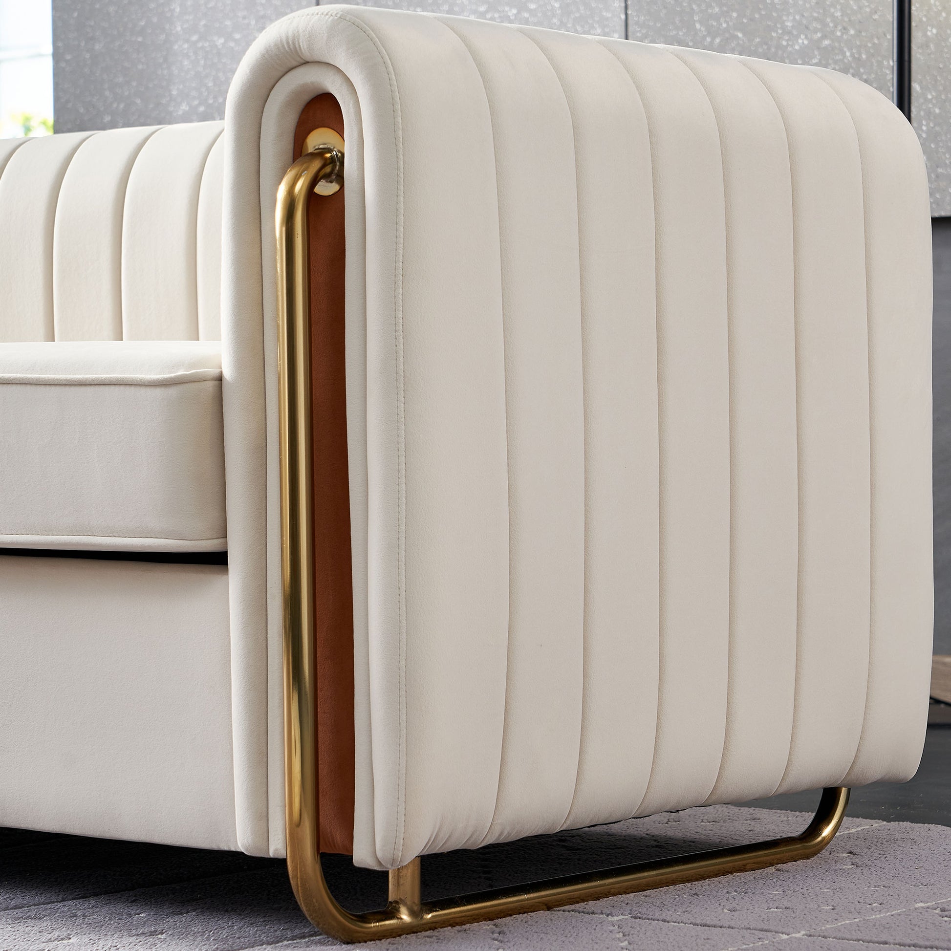 Beige Velvet Sofa Couch - 84'' Modern Style for Living Room