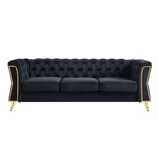 Modern Tufted Velvet Sofa 87.4 inch for Living Room Black Color