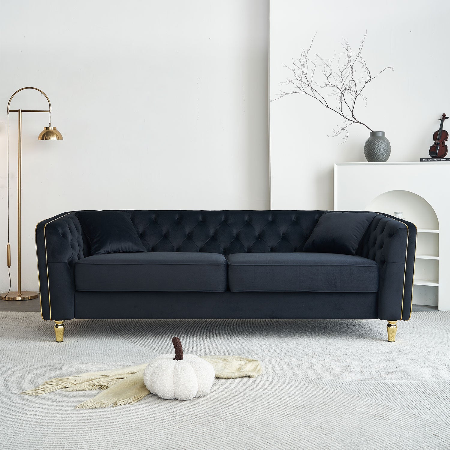 87.01"W Modern Tufted Velvet Sofa ,Stylish and Comfortable for Living Room Sofa, Hotel Apartment,Black