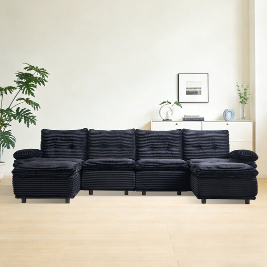 Black Corduroy Sectional Sofa - 4 Seat with Ottomans