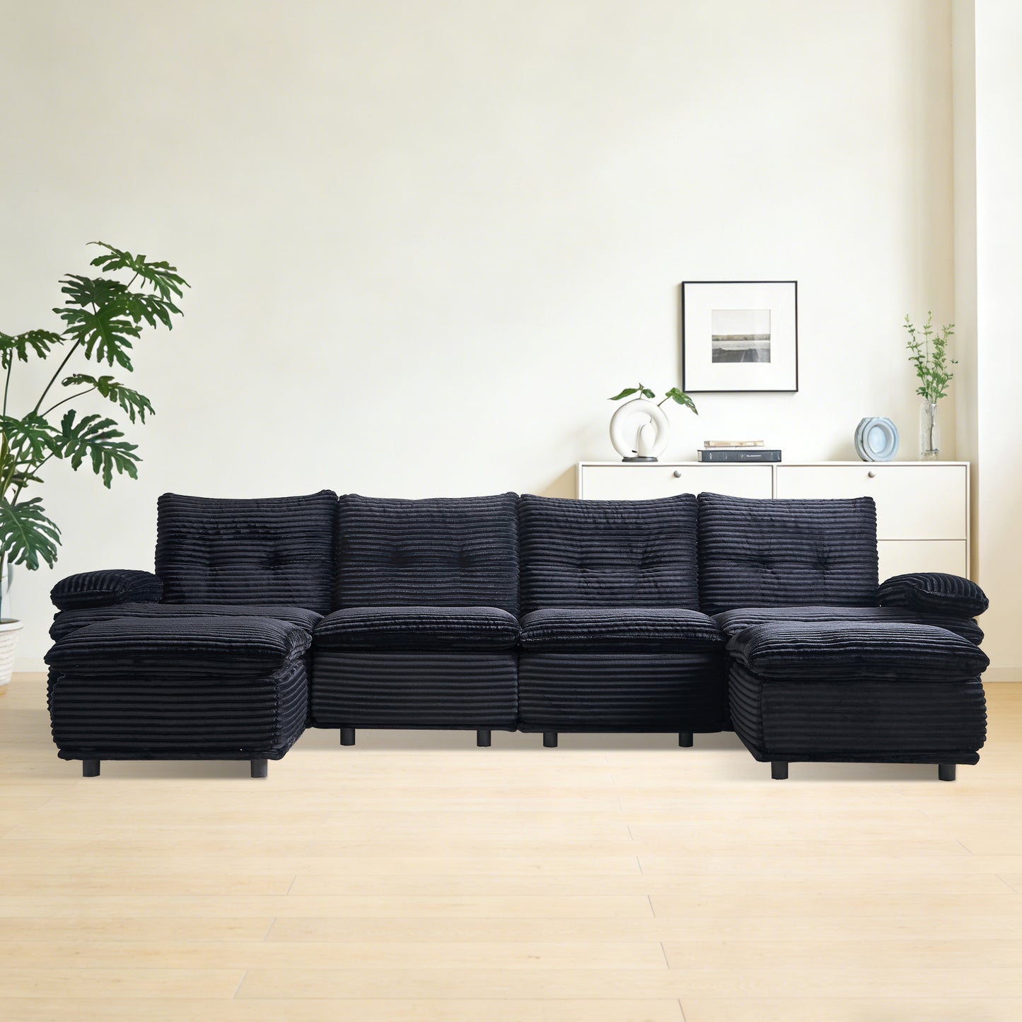 Black Corduroy Sectional Sofa - 4 Seat with Ottomans