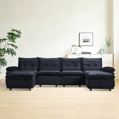 Black Corduroy Sectional Sofa - 4 Seat with Ottomans